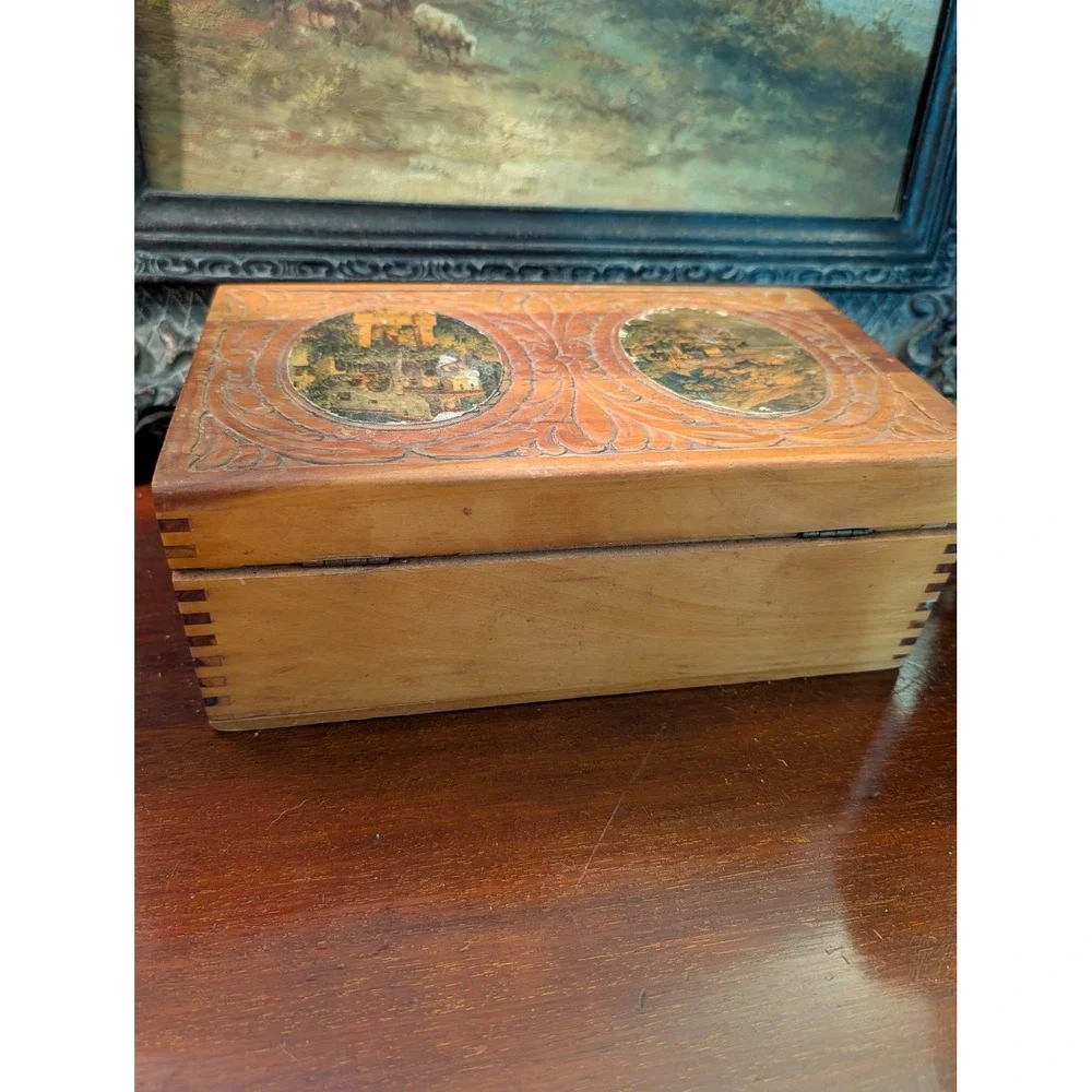Vintage Cedar Carved Wooden Jewelry Box Decoupage Landscape Mirror Dovetail